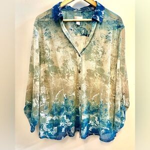 Chico’s Navy/Turquoise and Tan Semi Sheer Button Up Top Size 3 (XL)